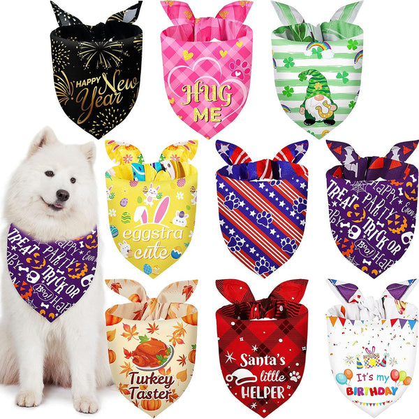 Weewooday 9 Pcs Holiday Dog Bandanas Halloween Trick or Treat Thanksgiving Christmas Bandanas Birthday Scarf Adjustable Large Pet Washable Scarves for Medium Boy Costume Supply