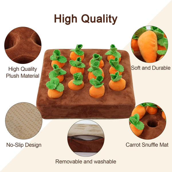 Interactive Dog Toys,Carrot Snuffle Mat for Dogs Plush Puzzle Toys 2 in 1 Non-Slip Nosework Feed Games Pet Stress Relief with 12 Carrots