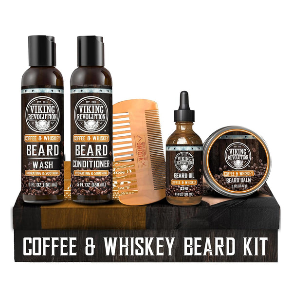 Viking Revolution Beard Conditioning Kit-CoffeeWhiskey, 5 Products Included