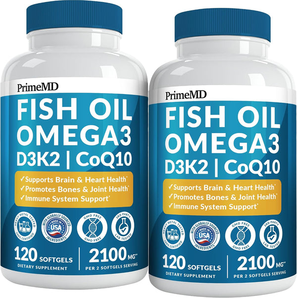 5-in-1 Fish Oil Omega 3 Supplements (2100mg) - Fish Oil with Vitamins D3 & K2 and CoQ10 - EPA DHA Omega 3 Supplement - Lemon Flavored Fatty Acid Supplements, Pack of 2