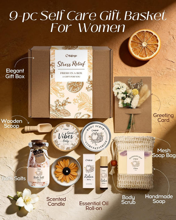 Natural Spa Gift Basket for Women, Citrus Jasmine | Pampering Package, Ready-to-gift, Refreshing scent, Aromatherapy, for Birthday, Get Well Soon Gift Set, for Any Occasion