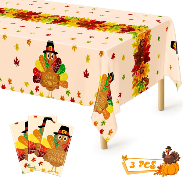 3 Pack Thanksgiving Tablecloths, 108" x 54" Disposable Turkey Table Cloth