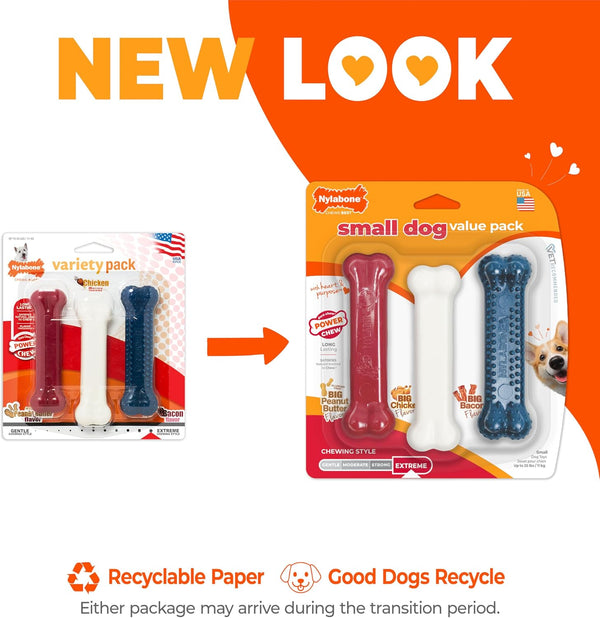 Nylabone Original Bone Power Chew Toys for Dogs, Durable & Tough Dog Toys for Aggressive Chewers, Long Lasting Chicken, Bacon, and Peanut Butter Flavor, Small - Up to 25 lbs, 1 Count