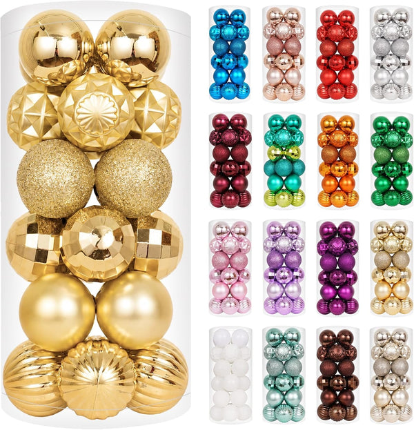 XmasExp 24ct Gold Christmas Ornaments for Tree Decorations, Small Shatterproof Christmas Ball Ornaments Set for Xmas Tree, Perfect Plastic Hanging Balls for Home Holiday Party Decor (1.57'', Gold)