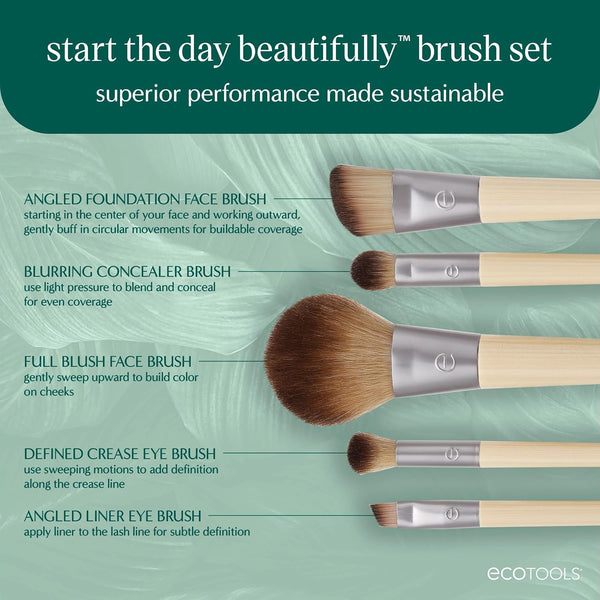 EcoTools 6-Piece Start the Day Beautifully Makeup Brush Set, Makeup Brushes For Eyeshadow, Blush, Concealer, & Foundation Application, Eco-Friendly, Gift Set, Synthetic Hair, Vegan & Cruelty-Free