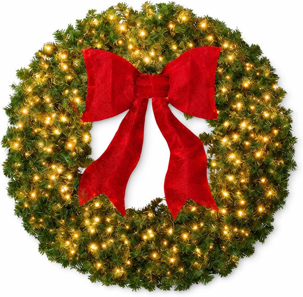 36in Large Pre-Lit Christmas Wreath with Bow, Artificial Greenery