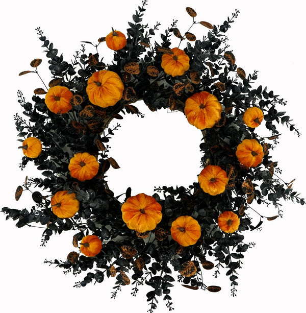 WreathDream 22" Halloween Wreath for Front Door Halloween Door Wreath with Pumpkins,Bronze and Black eucalptus Leaves for Front Door Indoor Outdoor Farmhouse Home Wall Window Festival Wedding Decor