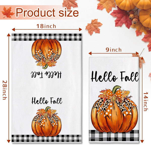 Hexagram Pumpkin Fall Kitchen Towels, Buffalo Check Fall Decor Hand Towels