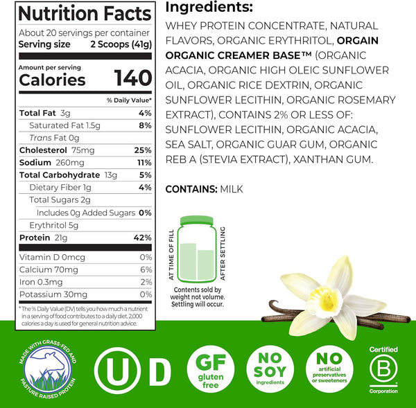 Orgain 21g Grass-Fed Whey Protein Powder, 5g BCAAs, Vanilla Bean, 1.82lb