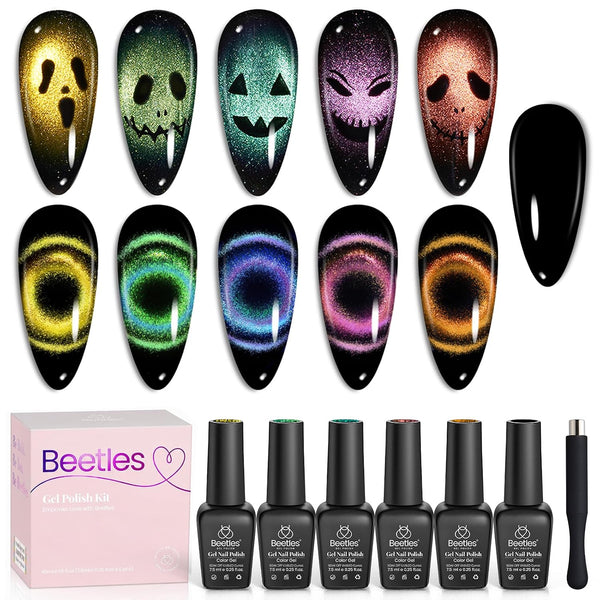 Beetles Halloween Cat Eye Gel Nail Polish Set, 6 Colors Glitter Gel