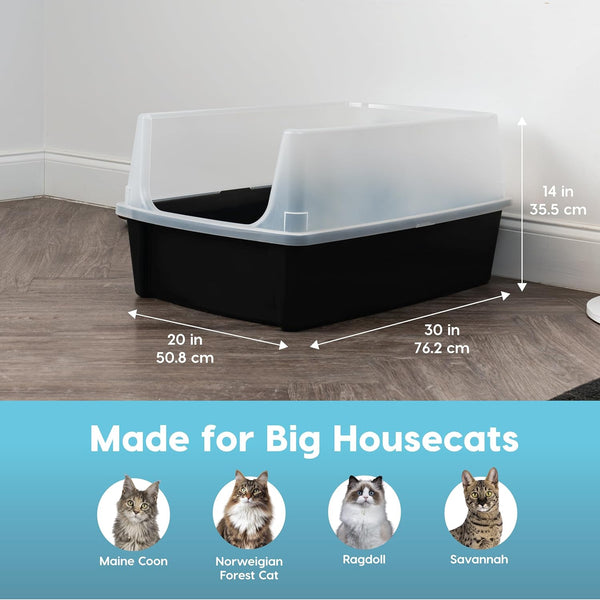 IRIS USA Extra Large Litter Box XXL Open Top High Sided Walls Scatter Shield Scoop Included Easy Clean Plastic Pan for Big Cats Multi-Cat Households 30" L x 20" W x 14" H Black