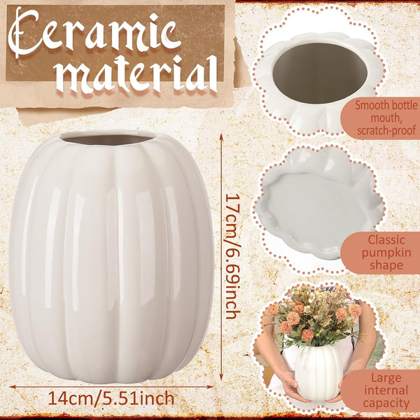 Beeveer 6.7 Inch Ceramic Pumpkin Vase, Large White Pumpkin Utensil Holder