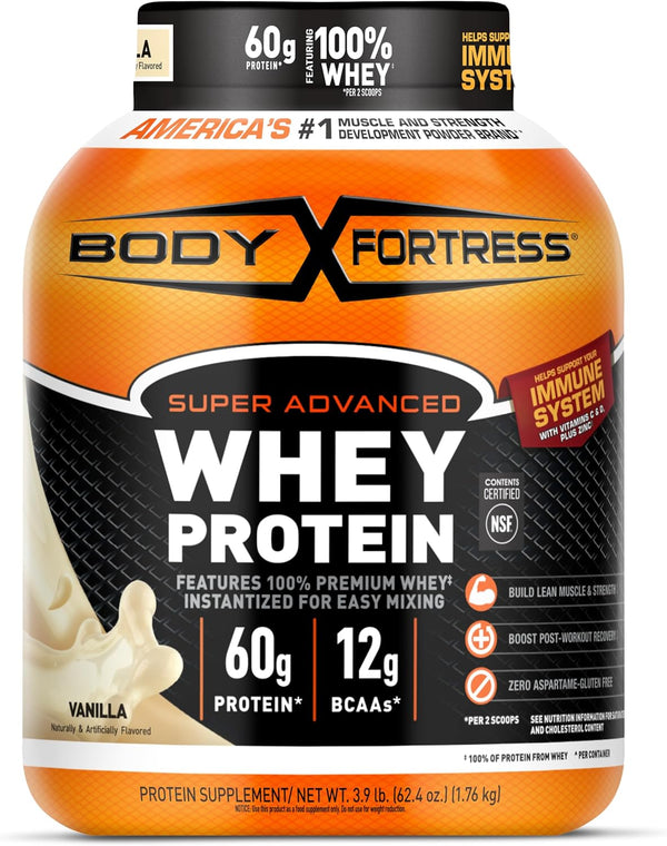 Body Fortress Super Advanced Whey Protein Powder, Gluten Free, Vanilla, Immune Support (1), Vitamins C & D Plus Zinc, 3.9 lbs.