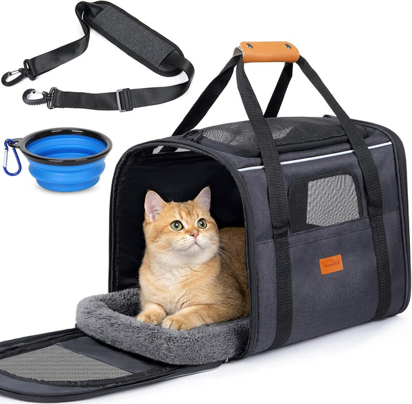 Morpilot Pet Carrier for Large Cats, Puppies & Small Dogs Up to 25lbs, Escape-Proof with Locking Zippers, Dual-Sided Cushion, Safety Buckle for Car & Vet Travel, Includes Foldable Bowl (Dark Gray)