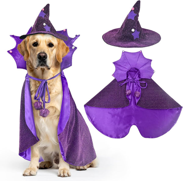 Halloween Dog Costume Dog Witch Cape Witch Hat Set Pet Wizard Cloak Vampire Devil Outfit Puppy Cat Halloween Cloak Devil Clothes Outfit Apparel Cosplay for Small Medium Large Dogs 2Pcs XL