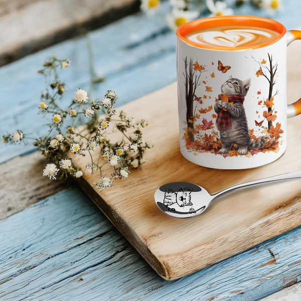 Hyturtle Fall Cat Maple Leaves Coffee Mug with Spoon Gifts on Birthday