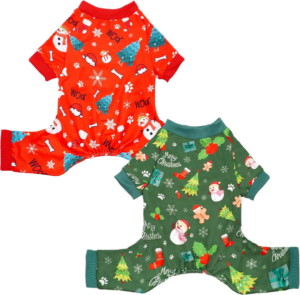 2PCS/Pack Christmas Dog Pajamas XXXL for Large Dogs Pjs Pet Jammies Boy Girl Male Female Red Green Onesies Snowman Christmas Tree Xmas Stocking Breathable Stretchy XXXL