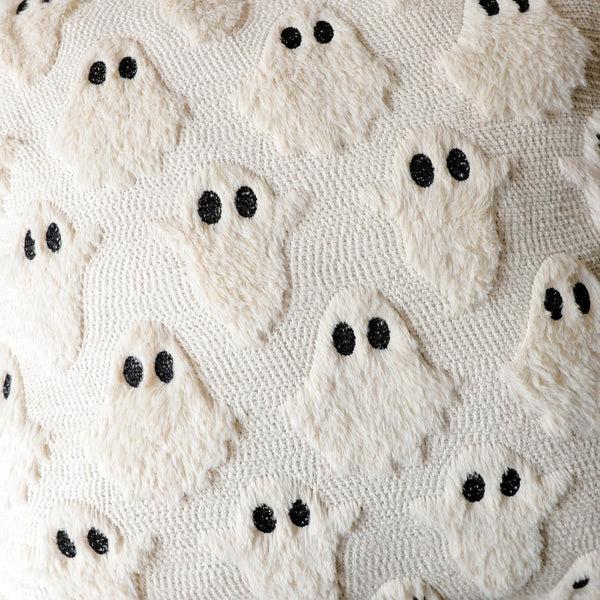 Halloween Ghost Decorative Pillow Covers 18x18 Set of 2, Beige Soft Plush Faux Fur Farmhouse Throw Cushion Cases for Fall Holiday Home Decorations