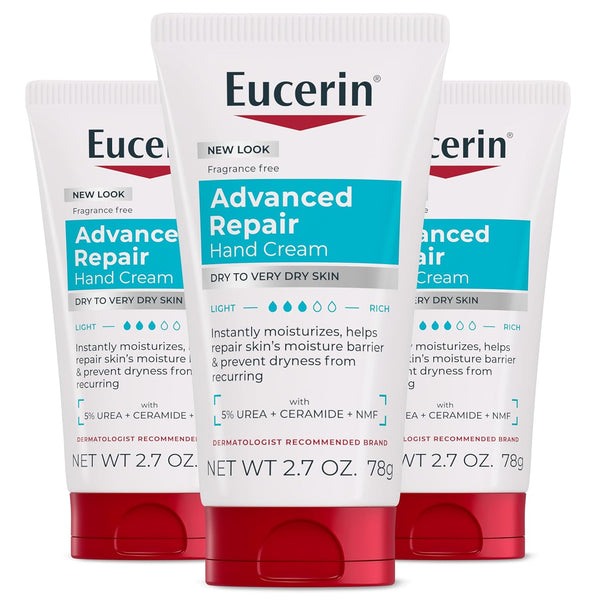 Eucerin Advanced Repair Hand Cream, Urea Enriched, Unscented Moisturizer for Dry Hands, Travel Size Hand Cream, 2.7 OZ Tube, Pack of 3