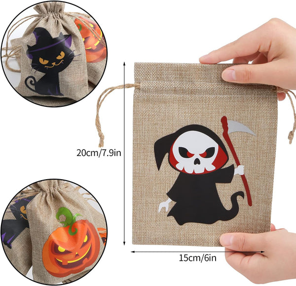 DERAYEE Halloween Burlap Treat Bags with Drawstrings, 6"x 8" Gift Candy Bags Goodie Bag for trick or treat Kids Halloween Party Favor 18Pcs