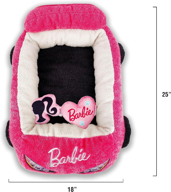 Megatoys Barbie Plush Car Pet Bed- Themed Plush Pink Pet Bed for Dogs and Cats – Soft and Cozy Pet Bed with Barbie Pillow and Car Design