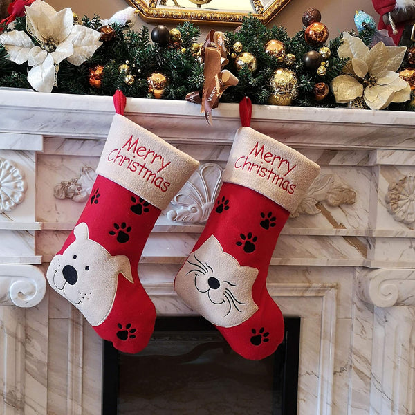 WEWILL 18" Dog Felt Christmas Stockings Paws Puppy Red Xmas Stocking Decor