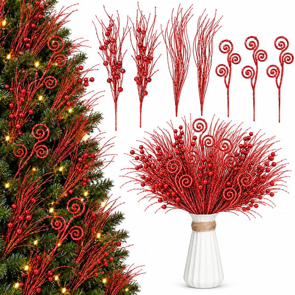 48 Pcs Red Christmas Tree Picks and Sprays Glitter 17" Berry Stems