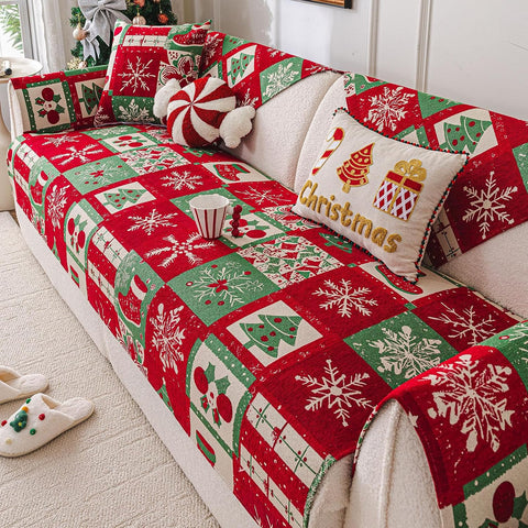 vctops Christmas Couch Cover, Christmas Decorations Soft Chenille Checkered Sofa Cover Washable Non-Slip Sectional Couch Cover for Dogs, Children, Pets Furniture Protector (Red,28"x28")