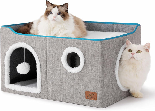 Bedsure Extra Wide Cat House Bed with Fluffy Ball and Scratch Pad,Grey | 23.6x16.9x13 in,Indoor Cat Cave for Multiple Pets, Foldable Cat Hideway Cube for Sleeping Large Cat and Kitten