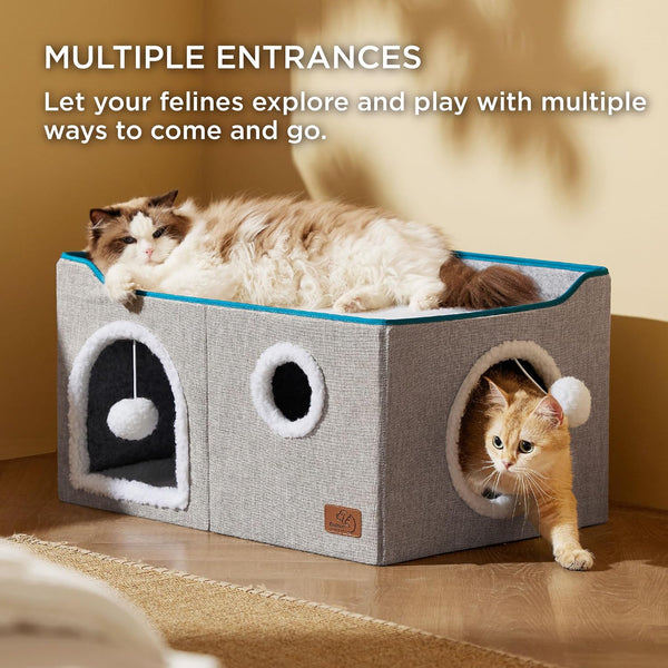 Bedsure Extra Wide Cat House Bed with Fluffy Ball and Scratch Pad,Grey | 23.6x16.9x13 in,Indoor Cat Cave for Multiple Pets, Foldable Cat Hideway Cube for Sleeping Large Cat and Kitten