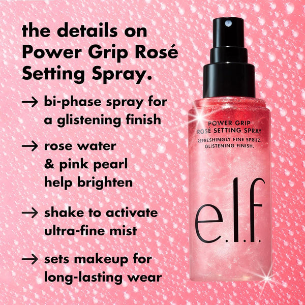 e.l.f. Power Grip Rosé Setting Spray, Grips Makeup for Lasting Wear & Glistening, Glowy Finish, Made with Niacinamide, Vegan & Cruelty-Free