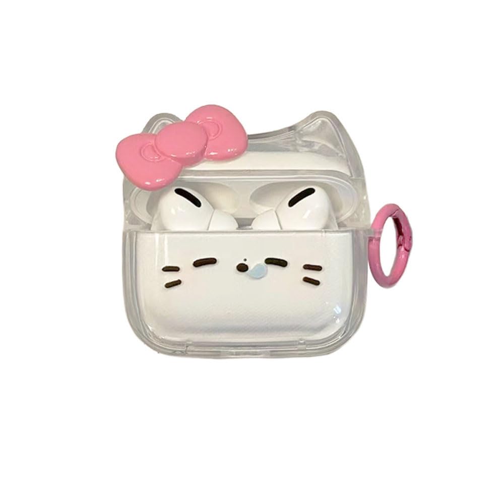 Transparent Clear Earphone Case for AirPods 4, Cute Lovely Cat Face Soft TPU Silicone Case, Kitty Ear AirPods 4 Cover Protective Skin Shockproof Protector for iPod Earbuds -Sleeping Bowknot Cat