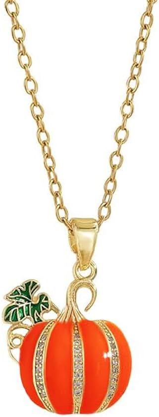 Dtja Rhinestone Pumpkin Pendant Necklace for Women Gold-Tone Fashion Enamel Halloween Thanksgiving Green Leaf Charms Link Chain Adjustable Cute Fall Holiday Festival Jewelry Gift Souvenir 18"