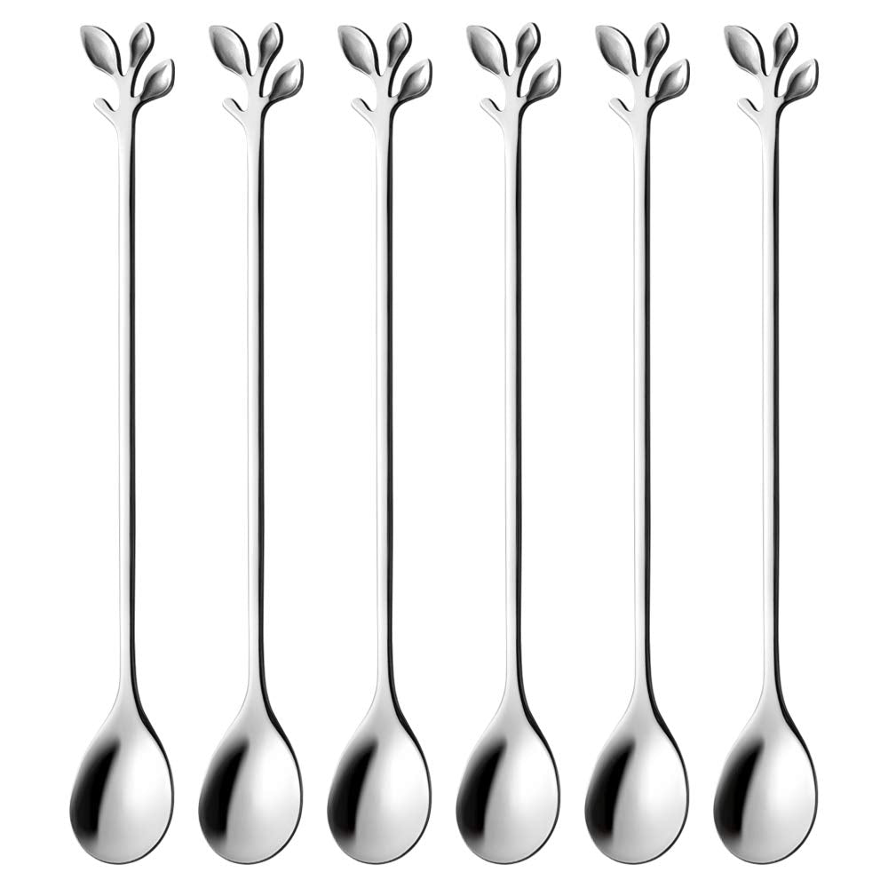 AnSaw 6-Piece Elegant Gold Leaf Long Handle Teaspoons - 7.4"