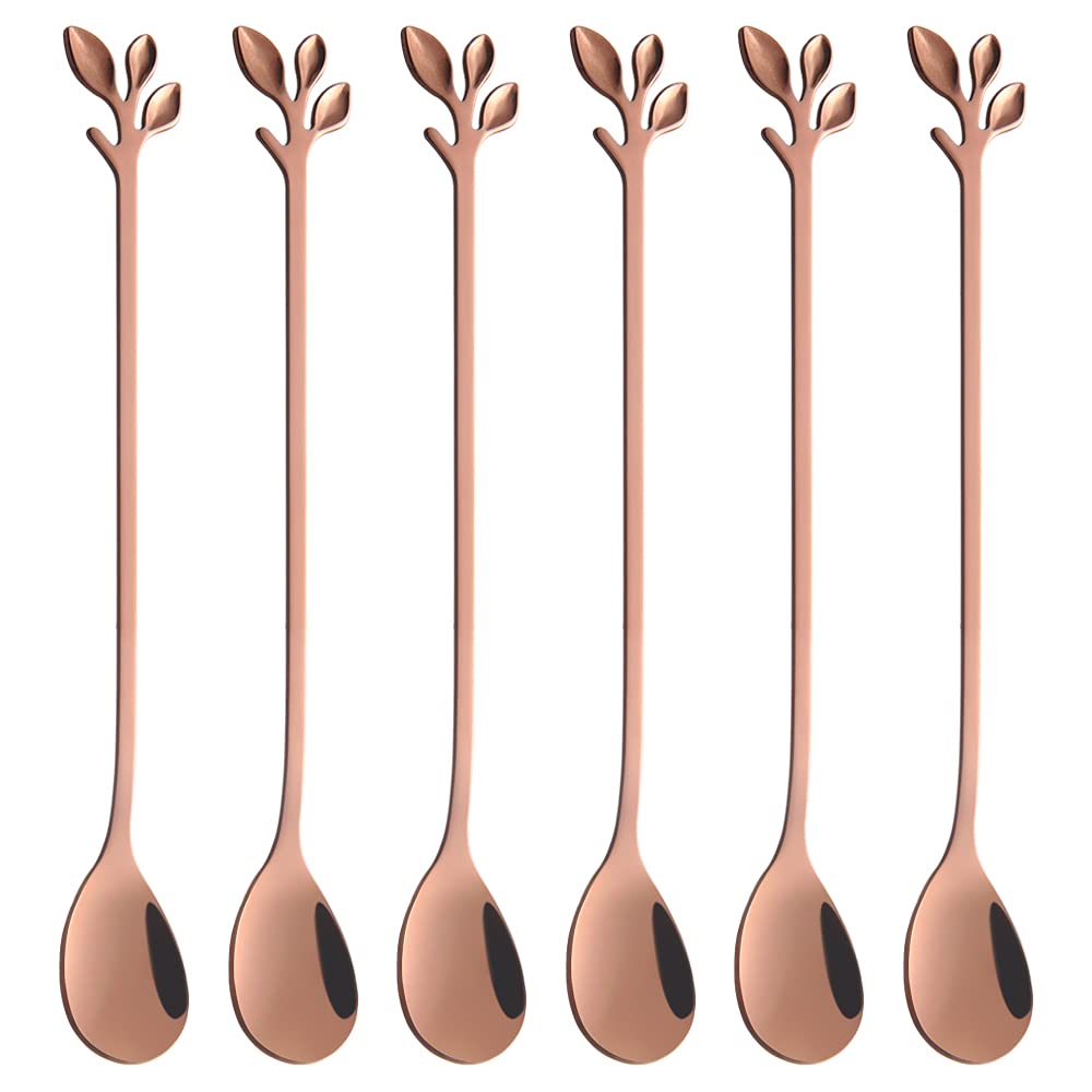 AnSaw 6-Piece Elegant Gold Leaf Long Handle Teaspoons - 7.4"