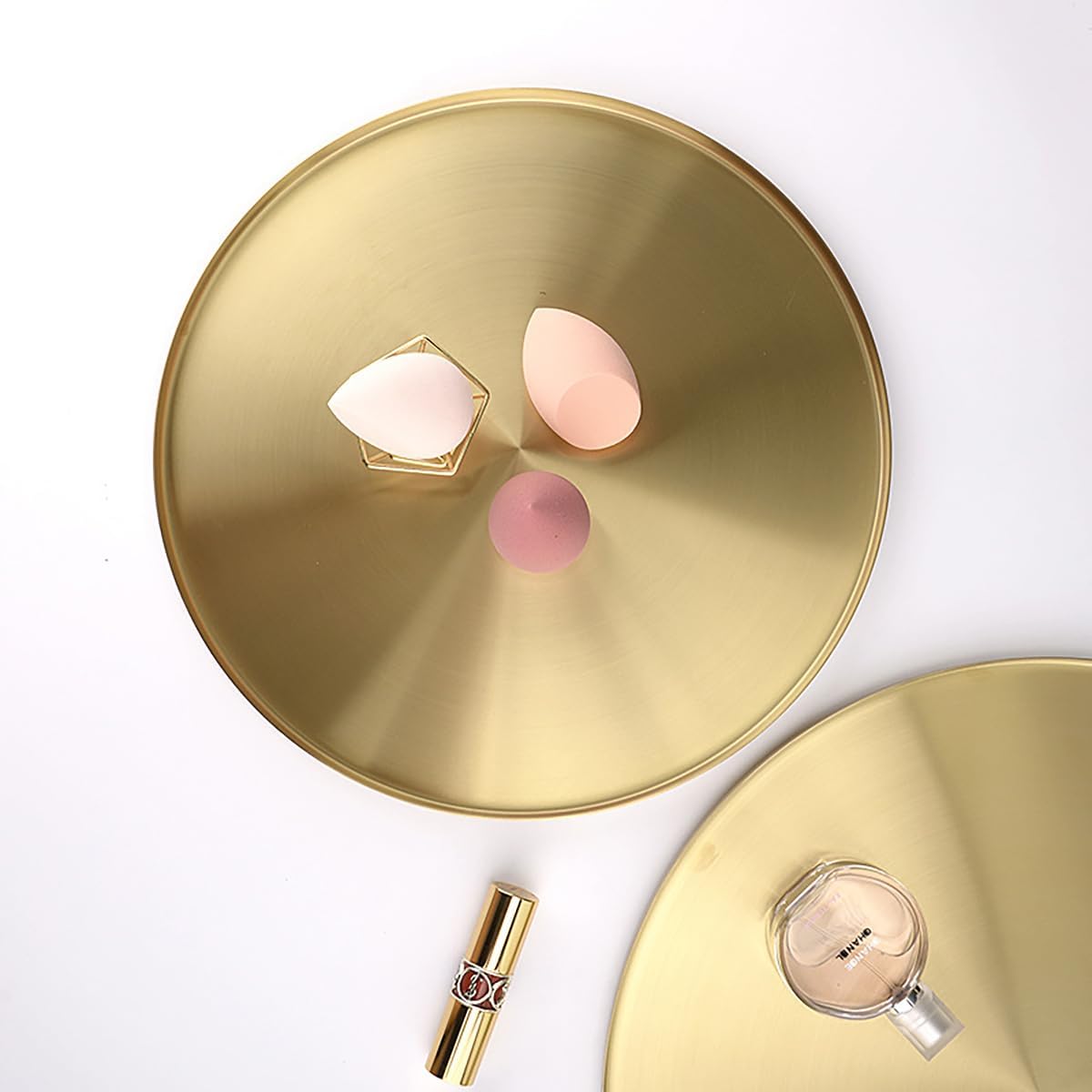 FREELOVE 12 Inch Brushed Gold Round Tray, Stainless Steel Brass Decorative Tray for Coffee Table, Vanity, Bathroom Counter, Dresser, Candles, Perfume, Jewelry and Bar Cart Décor