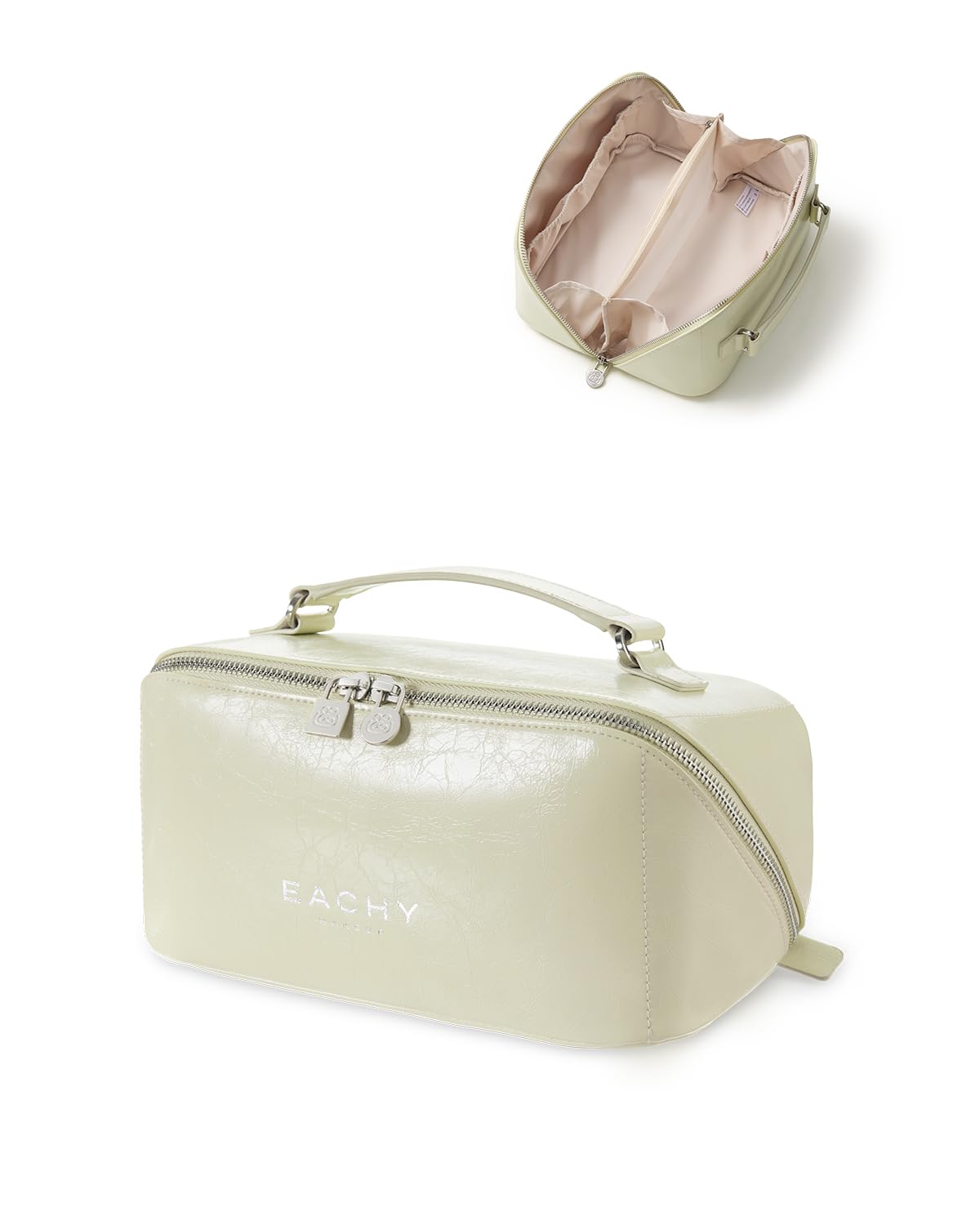 EACHY Travel Makeup Bag, Large Capacity Cosmetic Bag for Women, Waterproof PU Leather, Flat Open Portable Toiletry Bag for Skincare, Brushes & Travel Essentials