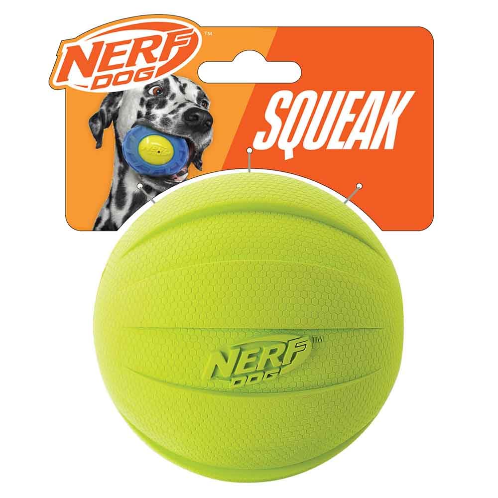 Nerf Dog Classic Squeak Ball Outdoor Dog Toy, 3.8 Inch Dog Ball Fetch Toy, Squeaking Toy for Medium and Large Breeds, Green/Red, 2 Count