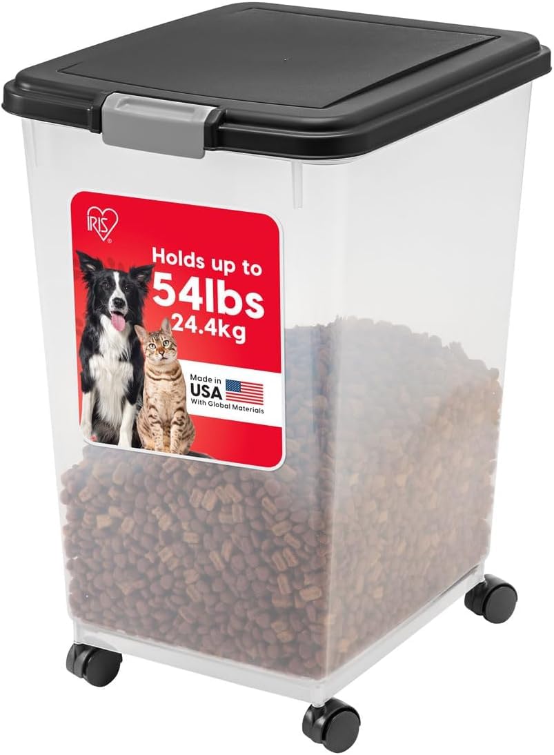 IRIS USA Airtight Pet Food Storage Container with Wheels, Black, 30 lb Capacity - BPA-Free Clear Plastic Bin with Snap-Lid Seal to Keep Kibble, Pellets or Seeds Fresh for Dogs, Cats and Birds