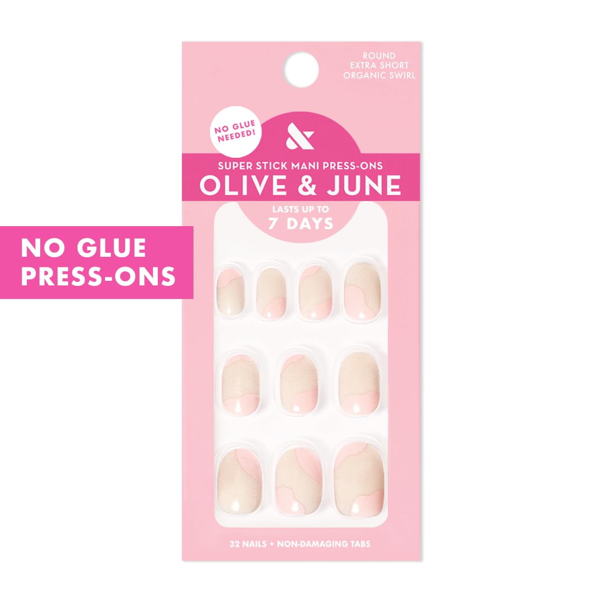 Olive & June Super Stick Press-On Nails, Taffy Bright Pink, Short, Round | No glue needed; 32 non-toxic tab nails in 16 sizes, easy on-off, non-damaging, 7-day wear; salon-quality mani at home