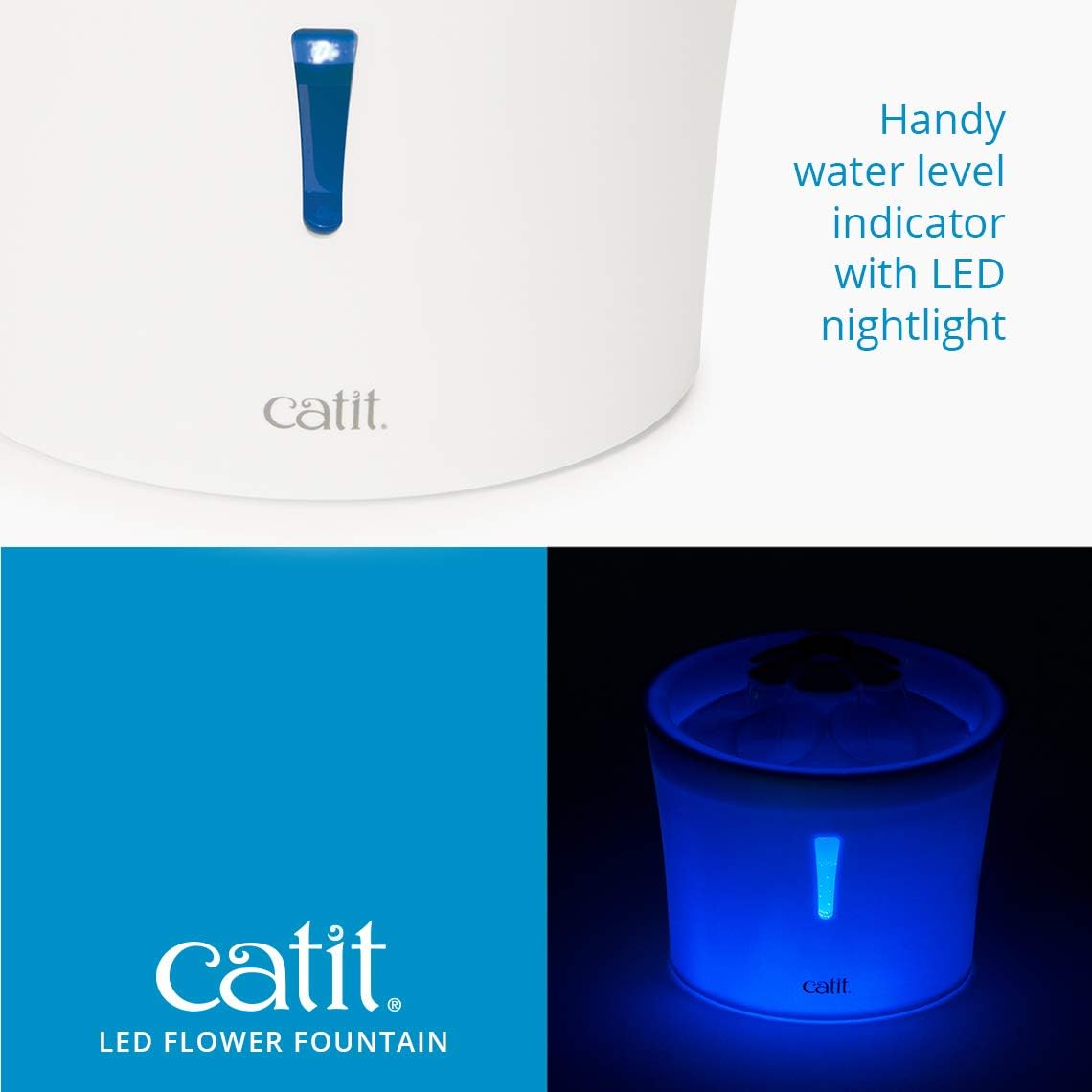 Catit LED Flower Fountain with Triple Action Filter, Cat Drinking Water Fountain, Blue, 3 L