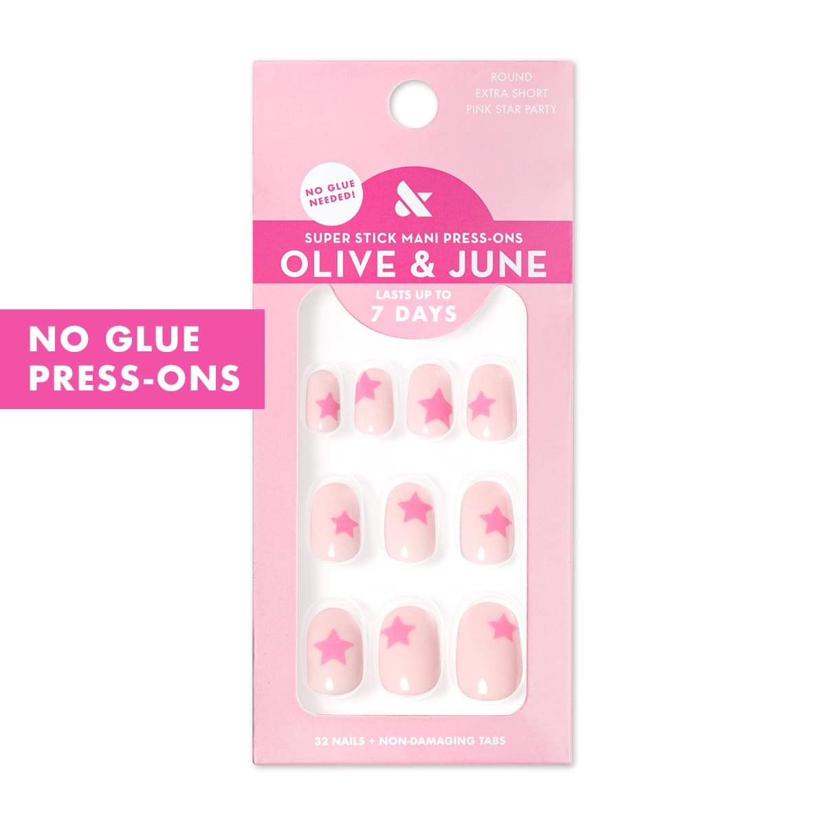 Olive & June Super Stick Press-On Nails, Taffy Bright Pink, Short, Round | No glue needed; 32 non-toxic tab nails in 16 sizes, easy on-off, non-damaging, 7-day wear; salon-quality mani at home