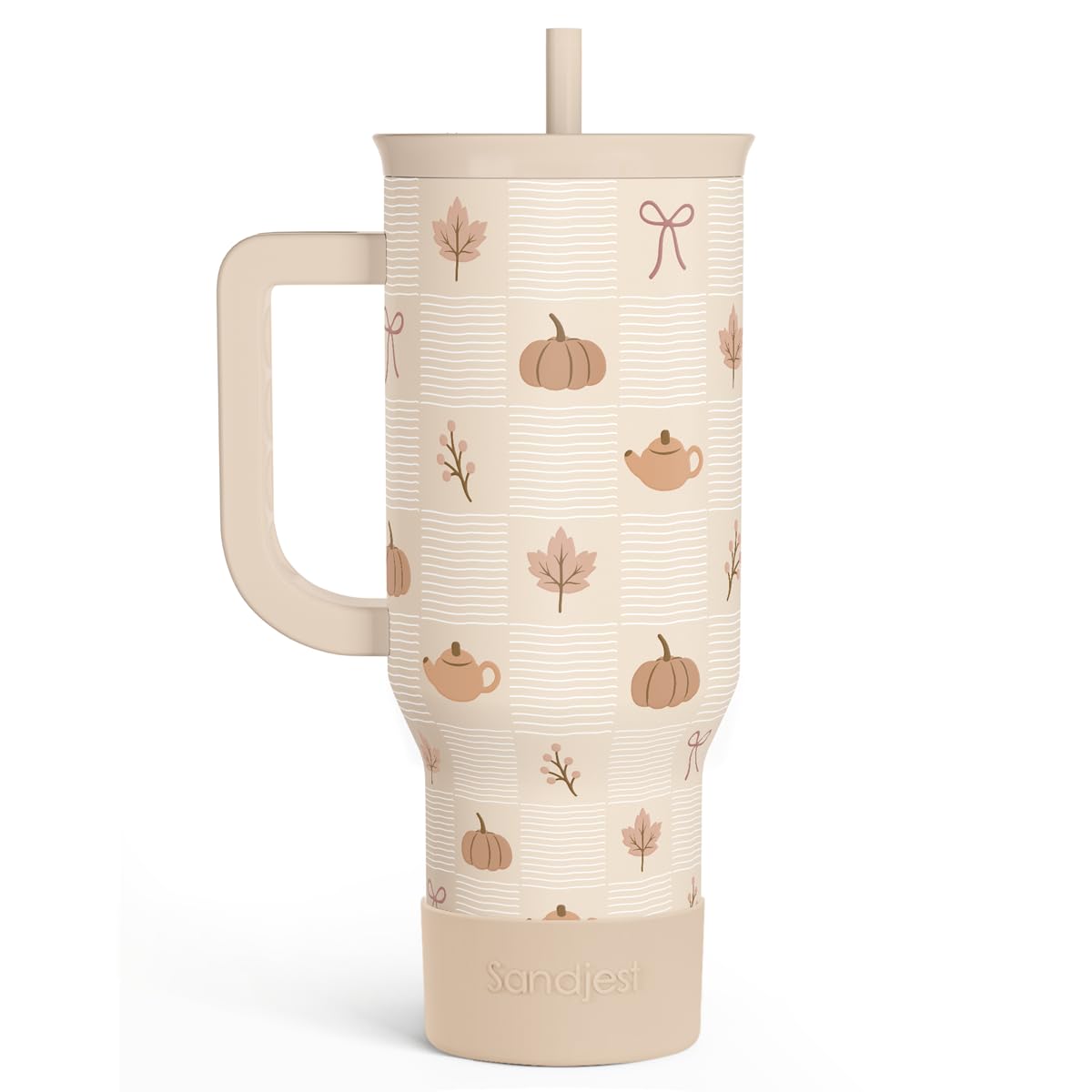 SANDJEST Pumpkin Tumbler with Handle and Straw 40oz – Stainless Sleel Slider Tumbler Travel Coffee Mug for Women - Gift Idea for Fall Autumn Halloween