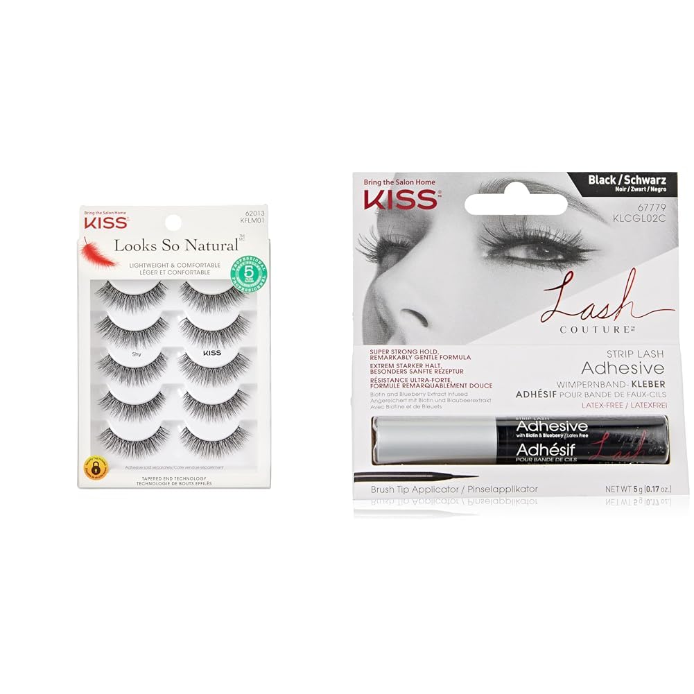 KISS Looks So Natural False Eyelashes Shy' 12mm, 5 Pairs, Lash Couture Lash Glue, Black Adhesive, Strip Lashes