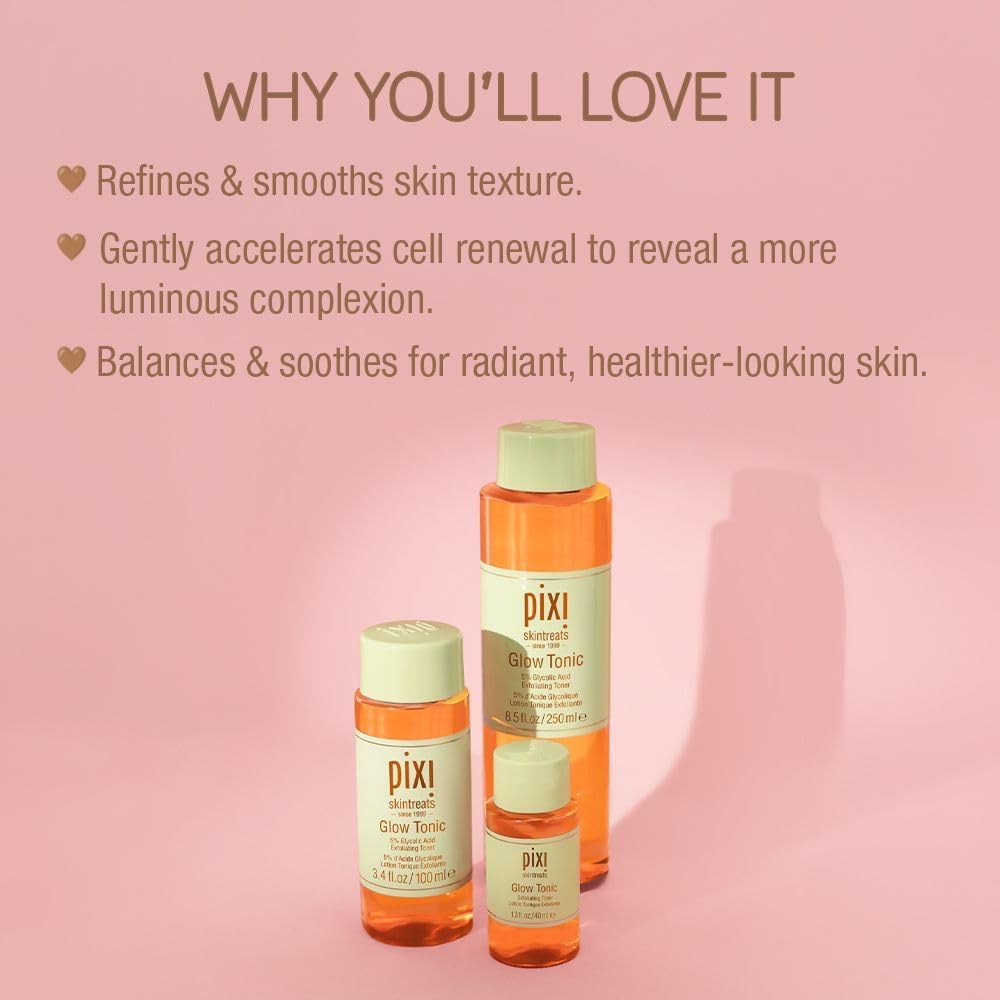 Pixi Glow Tonic Exfoliating Face Toner with 5% Glycolic Acid, Ginseng and Aloe Vera, Alcohol-Free Pore-Refining Toner for Radiant Skin, 8.5 fl oz / 250 ml