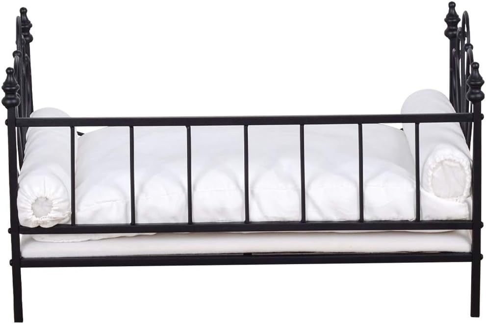 Babyland Bed for Dog, Pet Couch Bed with Metal Frame and Detached White Velvet Cushion with 2 Pillow for Small Pet