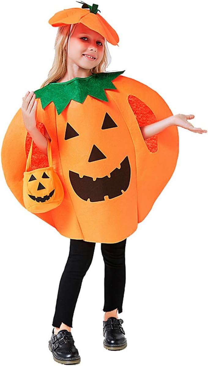 Halloween Pumpkin Costume for Kids 3PCS Set with Hat and Bag