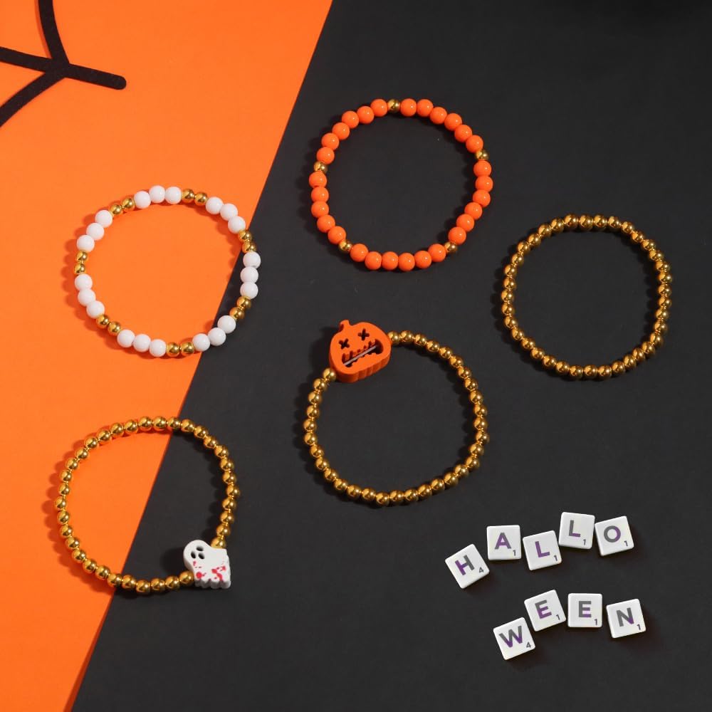 Halloween Bracelets Set for Women,10Pcs Stocking Stuffer Clay Preppy Heishi Boo Skull Charm Beads Stackable Bracelet Adjustable Friendship Holiday Stretch Jewelry Gift