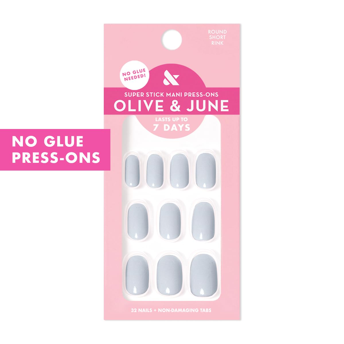 Olive & June Super Stick Press-On Nails, Taffy Bright Pink, Short, Round | No glue needed; 32 non-toxic tab nails in 16 sizes, easy on-off, non-damaging, 7-day wear; salon-quality mani at home
