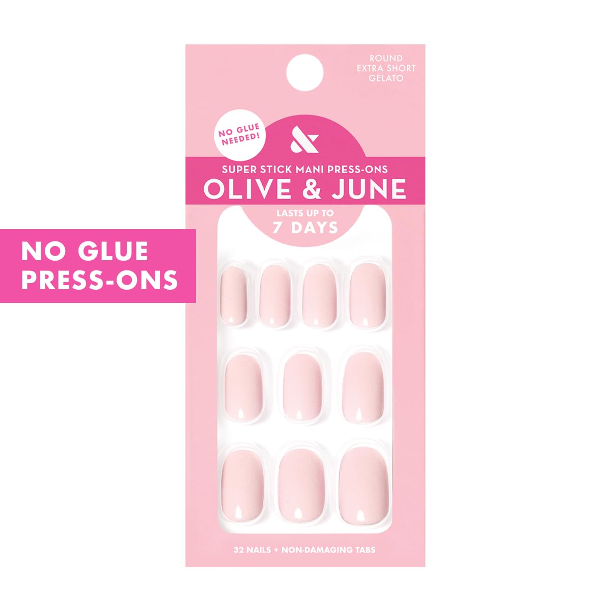 Olive & June Super Stick Press-On Nails, Taffy Bright Pink, Short, Round | No glue needed; 32 non-toxic tab nails in 16 sizes, easy on-off, non-damaging, 7-day wear; salon-quality mani at home